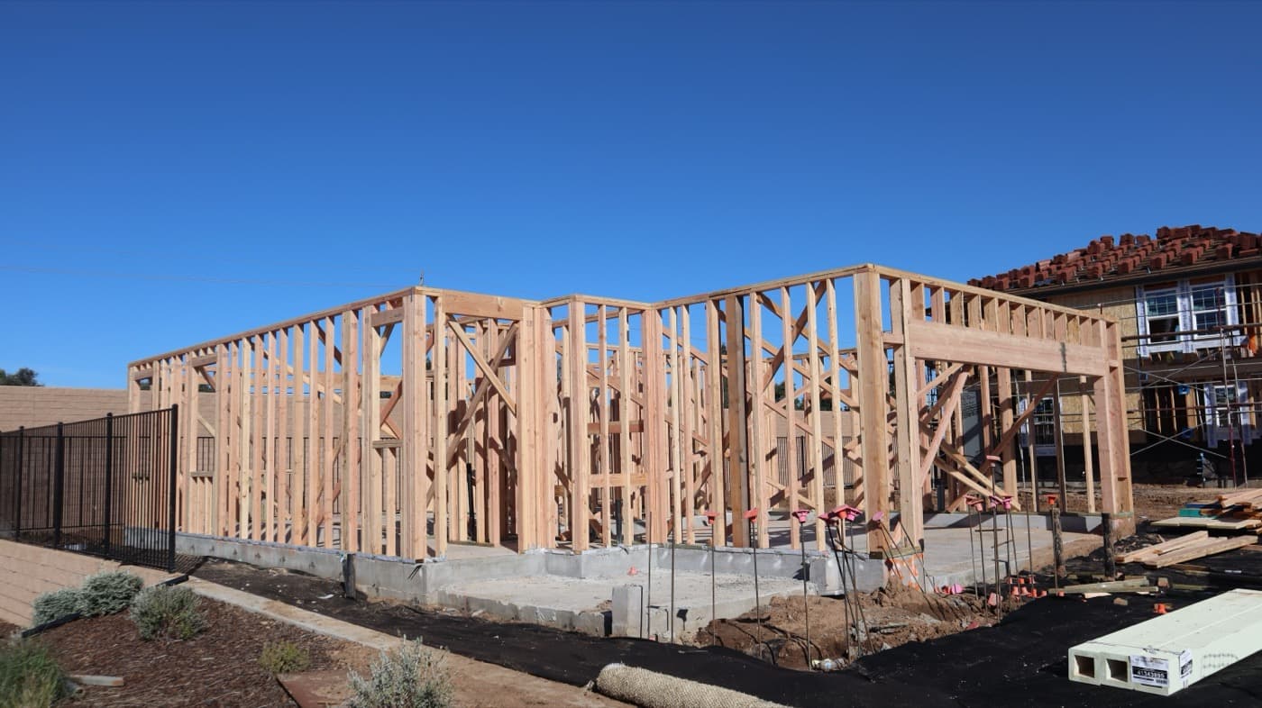 Newly framed structure on a concrete slab