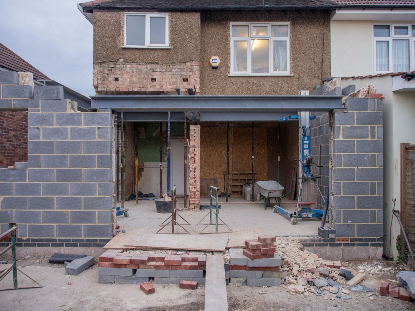 New home addition under construction, tied into the existing house structure