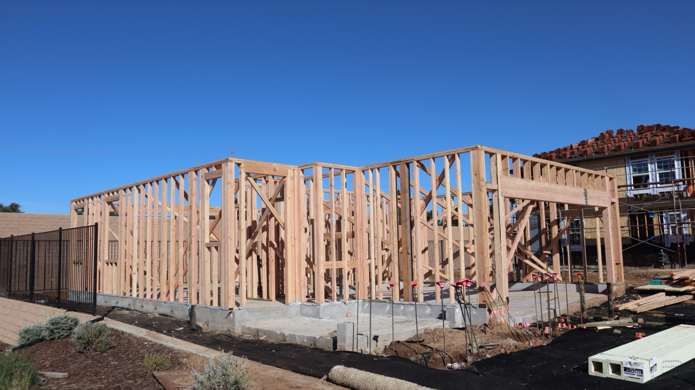 Newly framed structure on a concrete slab